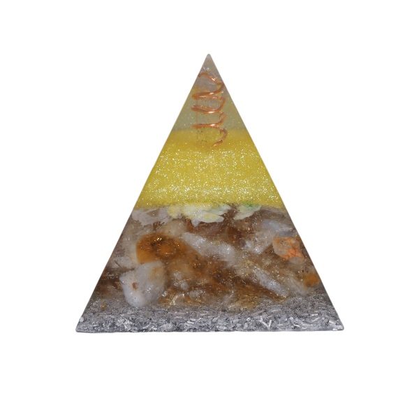 Orgoniet piramide citrien, met maria magdelena lemurian kristalpunt gewikkeld in koper met kleur geel, wit, oranje MSOP-SOPCI1553 Achteraanzicht