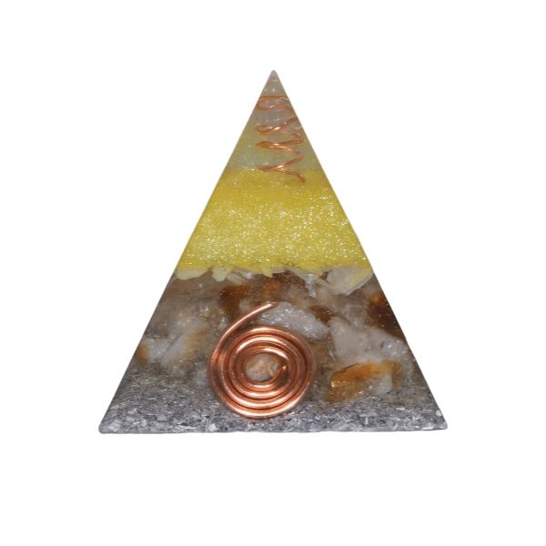 Orgoniet piramide citrien, met maria magdelena lemurian kristalpunt gewikkeld in koper met kleur geel, wit, oranje MSOP-SOPCI1553 Vooraanzicht jpg