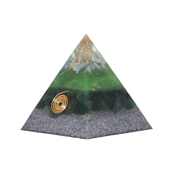 Orgoniet piramide fuchsiet met maria magdelena lemurian kristalpunt gewikkeld in koper met kleur groen MSOP-SOPFU1577 Zijaanzicht