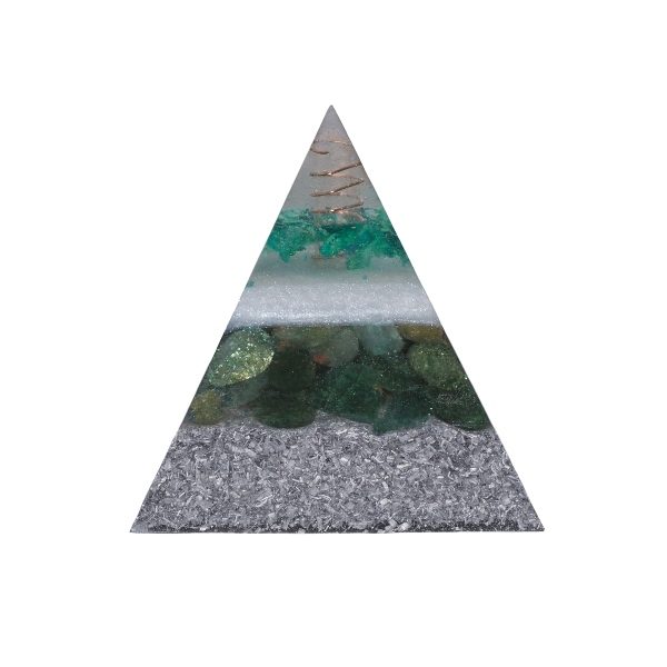 Orgoniet piramide fuchsiet met maria magdelena lemurian kristalpunt gewikkeld in koper met kleur groen, witMSOP-SOPFU1569 Achteraanzicht