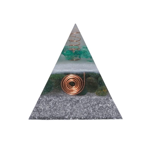 Orgoniet piramide fuchsiet met maria magdelena lemurian kristalpunt gewikkeld in koper met kleur groen, witMSOP-SOPFU1569 Vooraanzicht