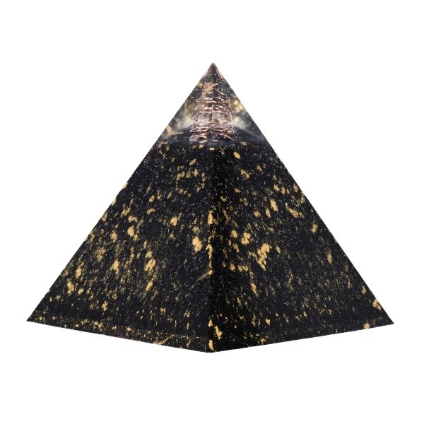 Orgonite piramide shungiet, gele calciet, citrien met maria magdelena lemurian kristalpunt gewikkeld in koper met kleur zwart, goudMSOP-GOPSGC15149 Zijaanzicht