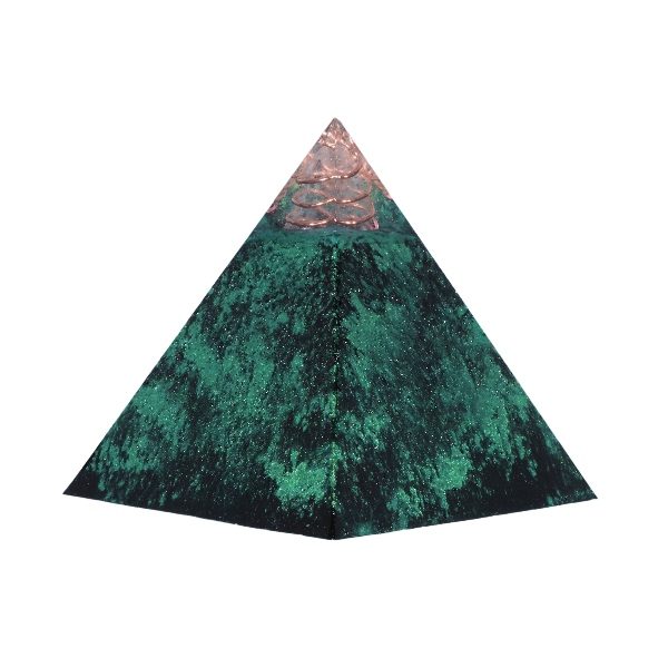 Orgonite piramide shungiet, peridoot met maria magdelena lemurian kristalpunt gewikkeld in koper met kleur zwart, groen, blauw MSOP-GOPSP15189 Zijaanzicht