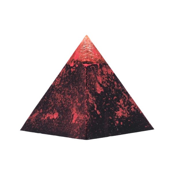 Orgonite piramide shungiet, rozenkwarts met maria magdelena lemurian kristalpunt gewikkeld in koper met kleur zwart, oranje MSOP-GOPSR15221 Zijaanzicht