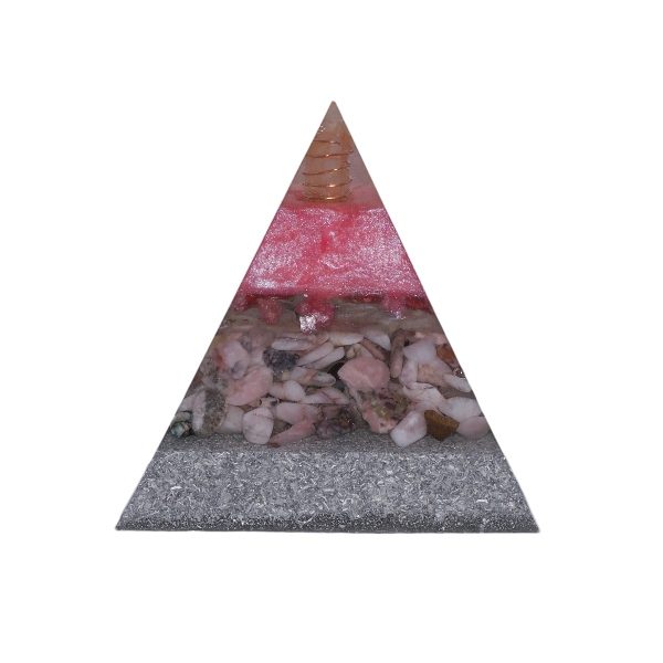 Orgoniet piramide aardbeien kwarts met maria magdelena lemurian kristalpunt gewikkeld in koper met kleur roze en wit Achteraanzicht