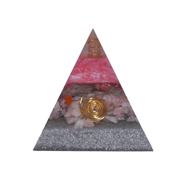 Orgoniet piramide aardbeien kwarts met maria magdelena lemurian kristalpunt gewikkeld in koper met kleur roze en wit Vooraanzicht
