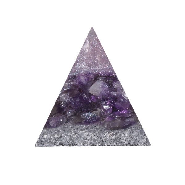 Orgoniet piramide amethist met maria magdelena lemurian kristalpunt gewikkeld in koper met kleur paars MSOP-SOPAMP15101 Achteraanzicht