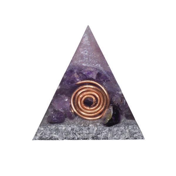 Orgoniet piramide amethist met maria magdelena lemurian kristalpunt gewikkeld in koper met kleur paars MSOP-SOPAMP15101 Vooraanzicht