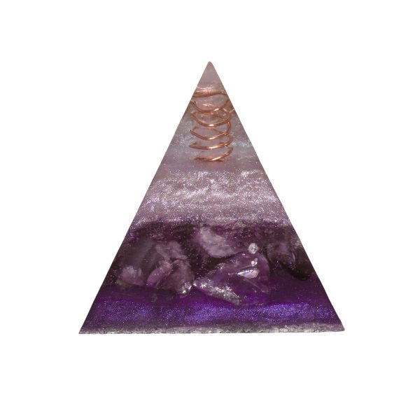 Orgoniet piramide amethist met maria magdelena lemurian kristalpunt gewikkeld in koper met kleur paars, lila MSOP-SOPAMF1593 Vooraanzicht