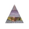 Orgoniet piramide atlantisiet met maria magdelena lemurian kristalpunt gewikkeld in koper met kleur geelgroen, lichtgroen, paars, lila MSOP-SOPAT1521 Vooraanzicht
