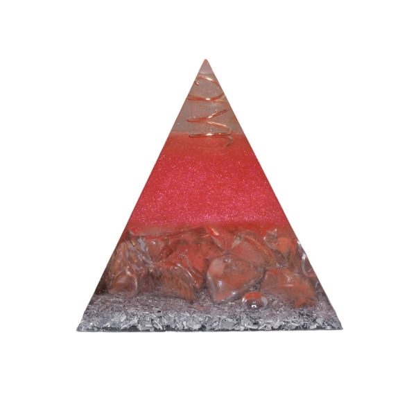 Orgoniet piramide cherry opaal met maria magdelena lemurian kristalpunt gewikkeld in koper met kleur roze MSOP-SOPCO1561 Achteraanzicht