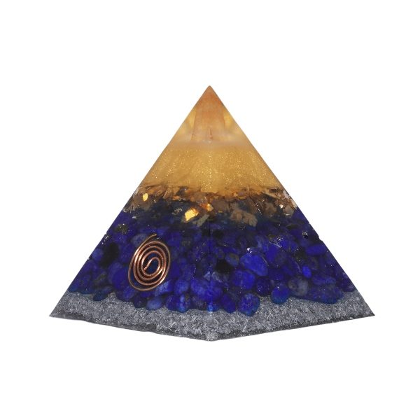 Orgoniet piramide lapis lazuli met maria magdelena lemurian kristalpunt gewikkeld in koper met kleur blauw, goud, geel MSOP-SOPLL15109 Zijaanzicht