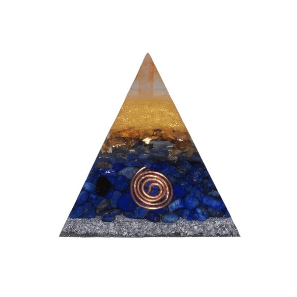 Orgoniet piramide lapis lazuli met maria magdelena lemurian kristalpunt gewikkeld in koper met kleur blauw, goud, geel MSPOP-SOPLL15109 Vooraanzicht