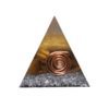 Orgoniet piramide tijgeroog met maria magdelena lemurian kristalpunt gewikkeld in koper met kleur geel, goud, bruin MSOP-SOPTI1537 Vooraanzicht