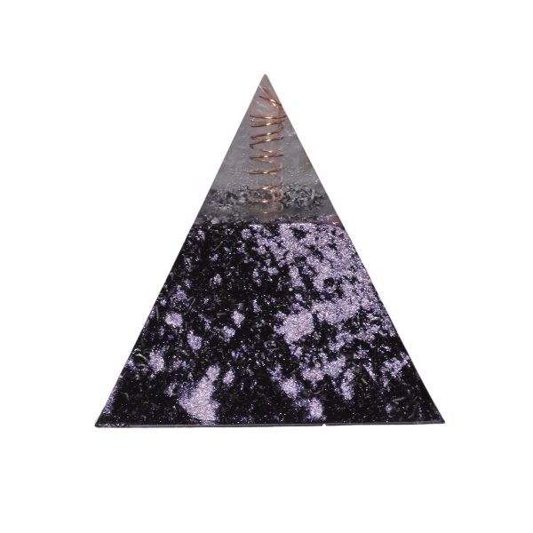 Orgonite piramide shungiet, amethist met maria magdelena lemurian kristalpunt gewikkeld in koper met kleur zwart, lila MSOP-GOPSA15157 Achteraanzicht
