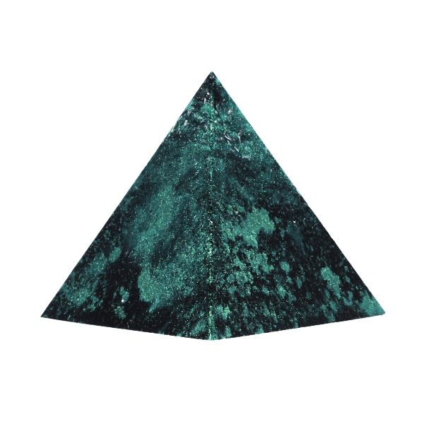 Orgonite piramide shungiet, peridoot met maria magdelena lemurian kristalpunt gewikkeld in koper met kleur zwart, groen, blauwMSOP-GGPSP15193 Zijaanzicht
