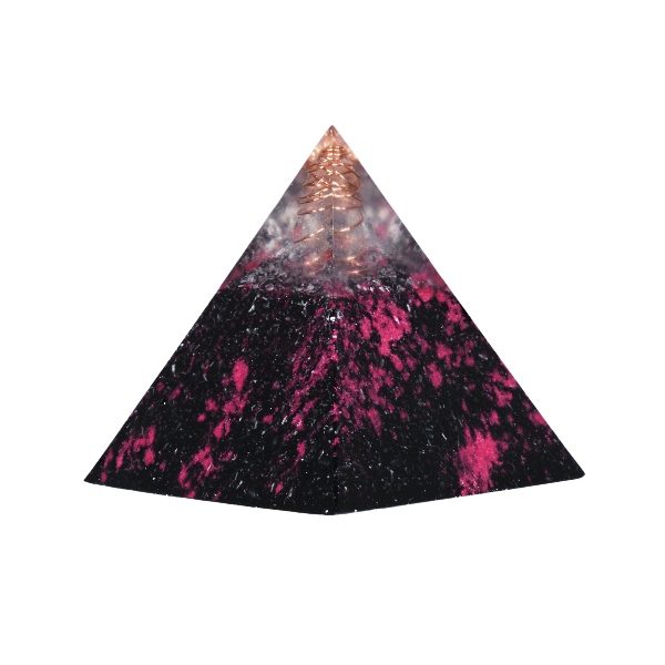 Orgonite piramide shungiet, rode jaspis, carneool met maria magdelena lemurian kristalpunt gewikkeld in koper met kleur zwart, roze MSOP-GOPSRC15141 Zijaanzicht